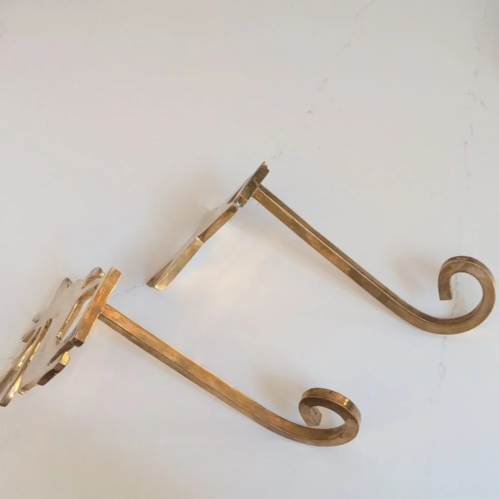 Solid Brass Reindeer and Star Christmas Stocking Holder Hooks Set of 2 Vintage